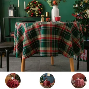 Round Christmas Plaid Tablecloth Polyester Cotton Tartan Gingham Buffalo Plaid Table Cover For Holiday Party Decor