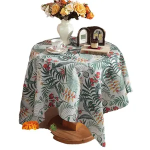 Linen cotton round tablecloth with tropical green leaf and flower print pattern