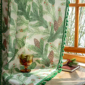 Nordic style curtains featuring green pine branches, pinecones, and elegant green tassels