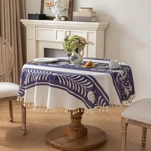 Nappe Ronde en Coton et Lin Avec Franges Imprimé Floral Bleu Symétrique Géométrique Anti-poussière Pour Cuisine Salle à Manger