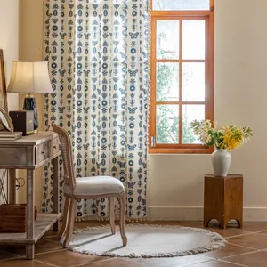Beige cotton-linen curtain with blue floral butterfly patterns and fringe edge