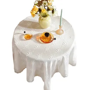 White round tablecloth with 3D floral embroidery and lace edges for dining decor