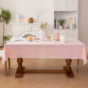 Pink cotton rectangular tablecloth with white pom-poms for rustic wedding decor