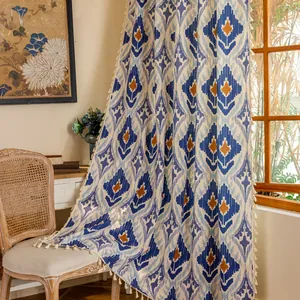 Bohemian Vintage Geometric Botanical Print Curtains With Tassels Semi Blackout Polyester Cotton For Living Room Bedroom Home Decor
