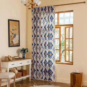 European vintage geometric print curtain with tassels for bedroom and living room decor