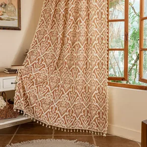 European vintage geometric jacquard curtain with tassels for bedroom and living room decor