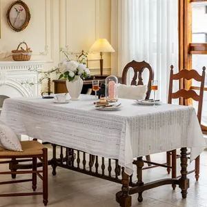 White cotton lace tablecloth with floral stripe hollow embroidery for dining tables
