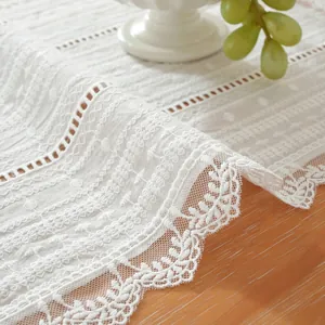 Gros plan sur un set de table en dentelle brodée 3D blanche avec fleurs.