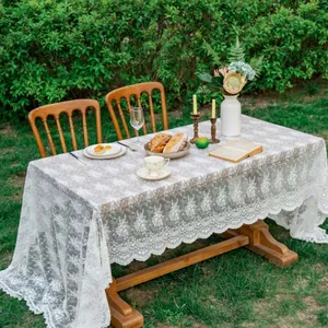 French Style White Lace Tablecloth Floral Embroidery Scalloped Edge Table Runner With Pom Poms For Wedding Party Home Decor