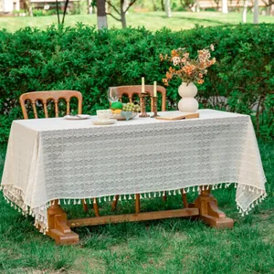 Beige rectangular bohemian hollow lace tablecloth with fringe for camping and parties