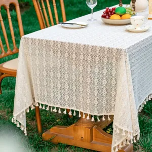 Bohemian cream white hollow rectangle tablecloth with elegant lace tassels for outdoor parties