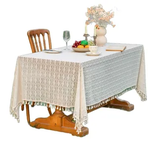 Bohemian off-white lace rectangular tablecloth with hollow patterns and tassel edges