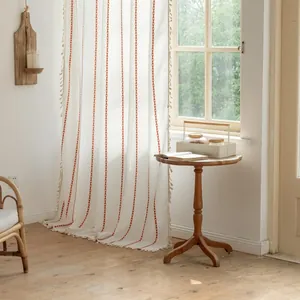 Nordic Bohemian Polyester Striped Tassel Curtain For Living Room Bedroom Geometric Embroidery Semi Blackout Window Drapes