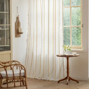 Bohemian striped curtain with yellow embroidery and tassels for living room decor