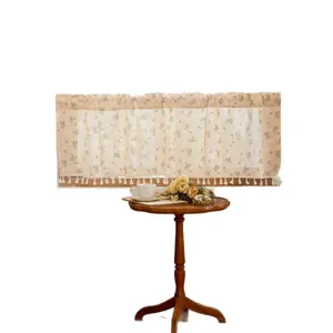 Floral short curtain with tassels for kitchen windows in pastoral cream and blue style