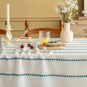 Detailopname van het witte jacquard tafelkleed met blauw geborduurde geometrische patronen