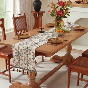 Runner da tavolo in cotone e lino con motivi floreali vintage e nappe decorative