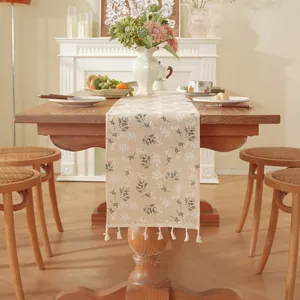 Chemin de Table en Coton et Lin Style Crème Français Motif Floral Botanique Bord à Glands Nappe Rectangulaire Décorative pour Table à Manger Décoration Maison