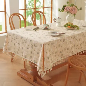 Nappe Nordique à Fleurs et Carreaux avec Glands Rectangulaire Carrée en Polyester Coton pour Table de Salle à Manger Picnic
