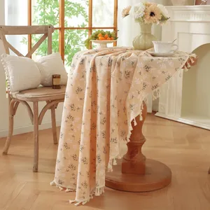 Nappe Ronde en Coton et Lin Avec Franges Motif Floral Géométrique Pour Table à Manger Café Maison Cuisine