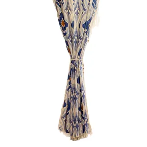 European vintage ikat geometric print curtain with tassels for bedroom window decor