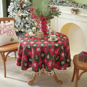 Round Christmas tablecloth with red-green nutcracker patterns and white fringe edge