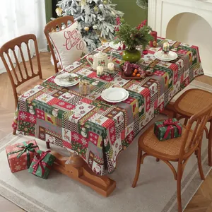 Luxurious red Christmas tablecloth with reindeer and snowman prints for holiday dining