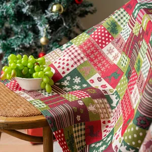 Close-up of thick jacquard fabric with Christmas reindeer patterns on wooden chair