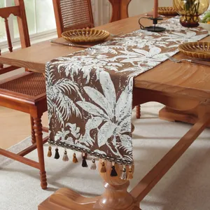Chemin de Table Jacquard Vintage Épaissi Luxe Style Nouveau Chinois Nappe Avec Franges pour Salle à Manger Maison