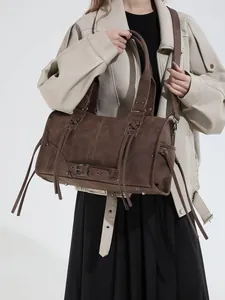 Minimalist large brown tote bag with fringe and adjustable strap for women fashion