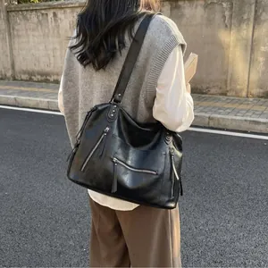 Retro Large Capacity Tote Bag For Women PU Leather Multi Zipper Pocket Shoulder Bag Versatile Commuter Underarm Handbag