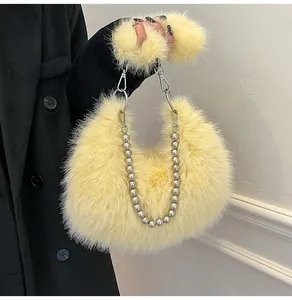 Detailed view of yellow plush faux fur bag with decorative silver pearl chain handle