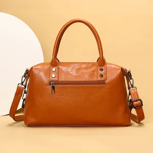 Retro braune PU-Leder Handtasche mit Griffen und verstellbarem Schultergurt