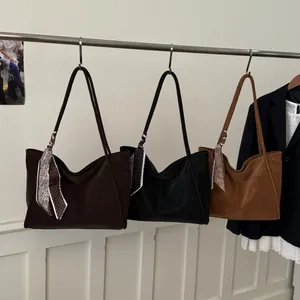 Retro faux leather tote bags with decorative silk scarves in three classic colors