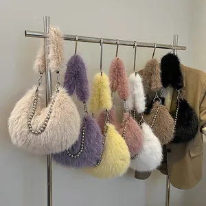 Faux fur shoulder bags in multiple colors featuring pearl metal chains and plush straps