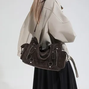 Damen Vintage Große Kapazität PU Leder Einkaufstasche Lokomotivstil Mehrere Reißverschlüsse Schulter Umhängetasche Mit Doppelten Griffen