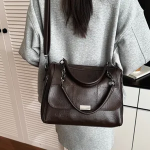Vintage Women's PU Leather Boston Bag Large Capacity Stitching Shoulder Crossbody Handbag For Daily Commute Work Travel