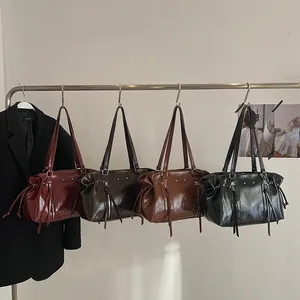 Retro wax leather tote bags with drawstring in burgundy, brown, dark coffee and black