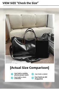 Detailed view of large black PU leather travel bag showing size compared to an iPad