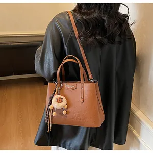 Women Litchi Grain PU Leather Tote Bag With Plush Pendant Fashion Large Capacity Shoulder Crossbody Bag For Daily Commute