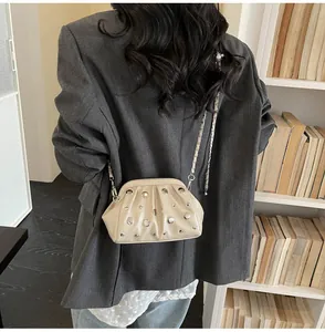 Dettaglio borsa a nuvola beige plissettata con borchie argento e catena metallica