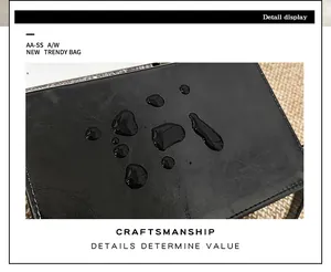 Close-up of waterproof PU leather texture with water droplets on a black fashion bag