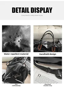 Detail view of waterproof PU leather, sturdy handles, fine stitching and adjustable strap