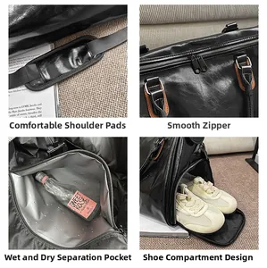 Detail view of large PU travel bag showing shoe compartment and wet dry separation