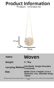 Detailed sizing chart for handmade woven hollow beach bag with pearls and tassel detail