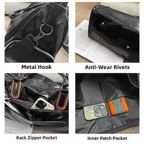 Detail view of water-resistant PU travel bag with metal studs and functional pockets