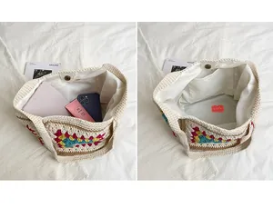 Detail of spacious knit tote bag interior showing inner pocket and magnetic closure