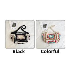 Detail of hand-knitted tote bag featuring colorful granny square patterns and woven textures