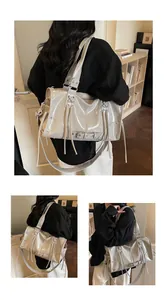 Close-up of beige patent leather tote bag with stylish fringe and criss-cross straps detail