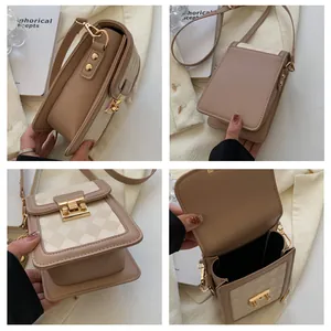 Detail views showing beige and brown checkered crossbody bag structure and gold clasp